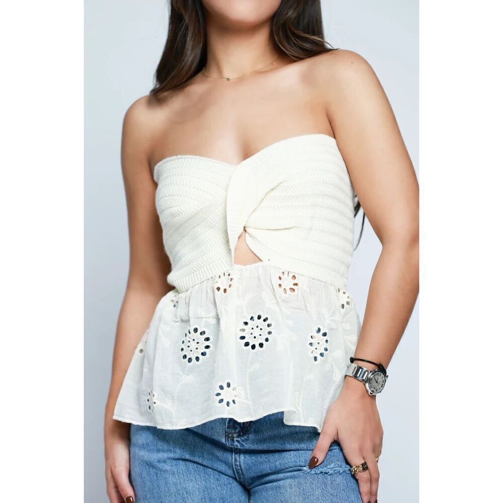 ✨Micas Knot Front Knit Embroidered Tube Sz XS Top Beige✨